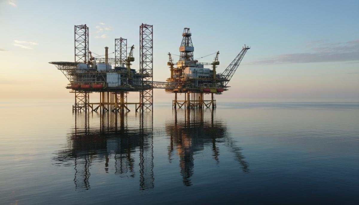 Морская нефтедобывающая платформа в открытом море на фоне спокойной воды и чистого неба на рассвете.