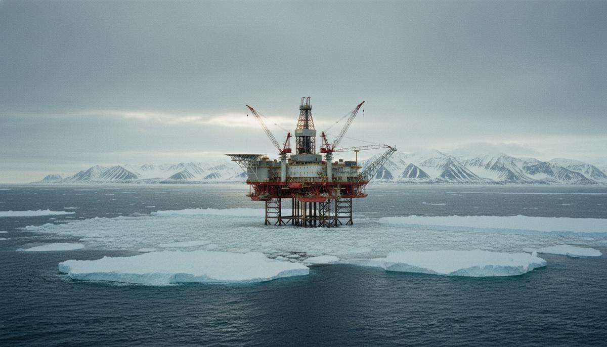 Морская нефтегазовая платформа в ледяных водах Арктики у побережья Аляски на фоне заснеженных гор.