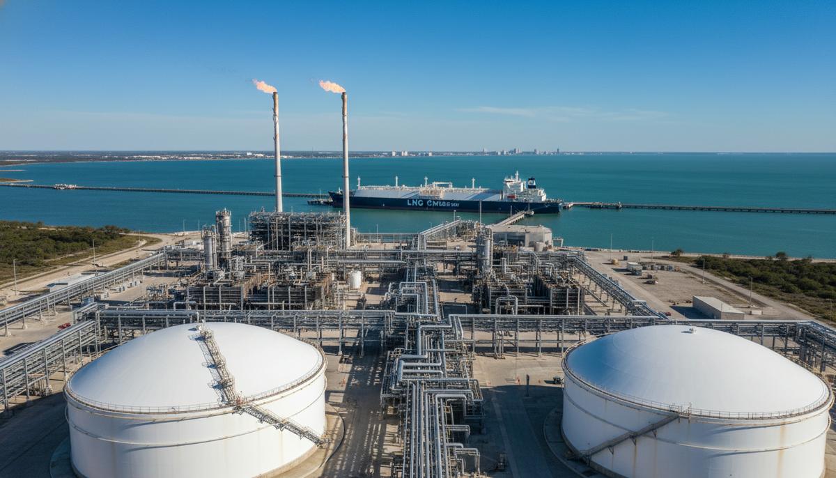 Крупный терминал по сжижению природного газа (СПГ) на побережье, с резервуарами для хранения и технологическими установками.