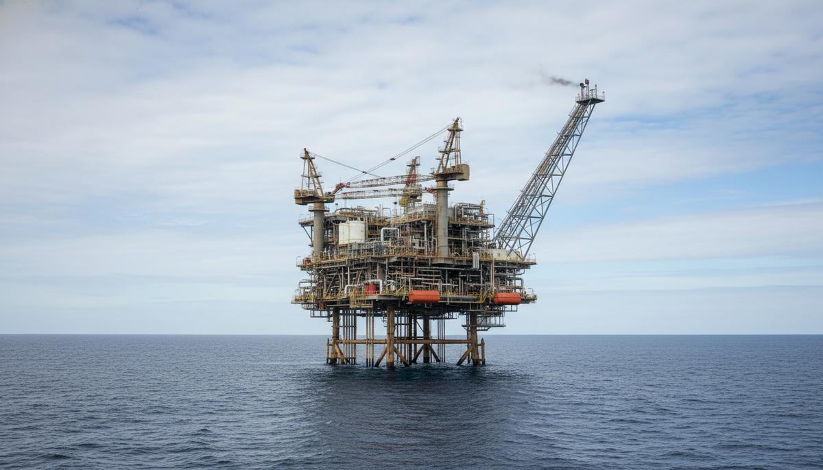 Морская платформа для добычи природного газа в Северном море. Сложная металлическая конструкция в открытом море на фоне воды и неба.