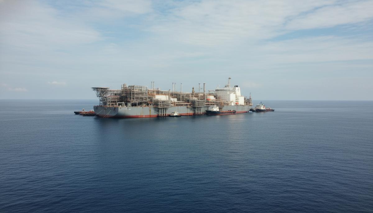 Плавучий завод по сжижению природного газа (СПГ) Nguya FLNG в море у побережья Африки. На палубе видны трубы и оборудование.