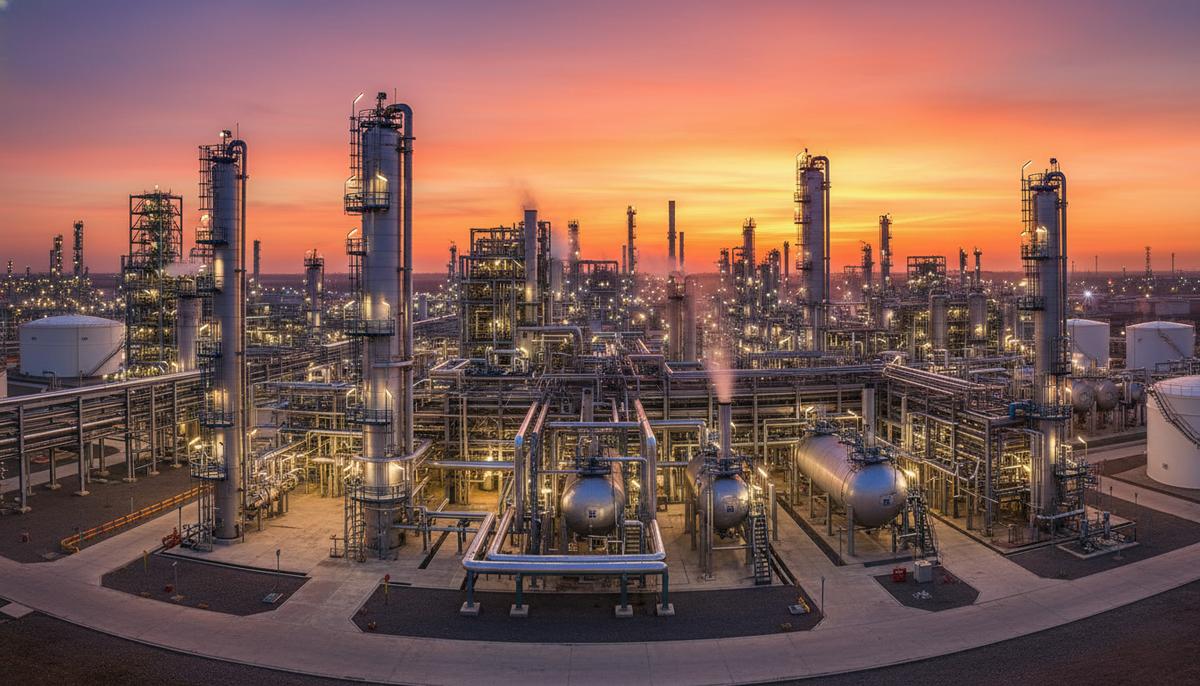 Нефтехимический комплекс с трубами и производственными установками на фоне заката. Промышленный пейзаж.