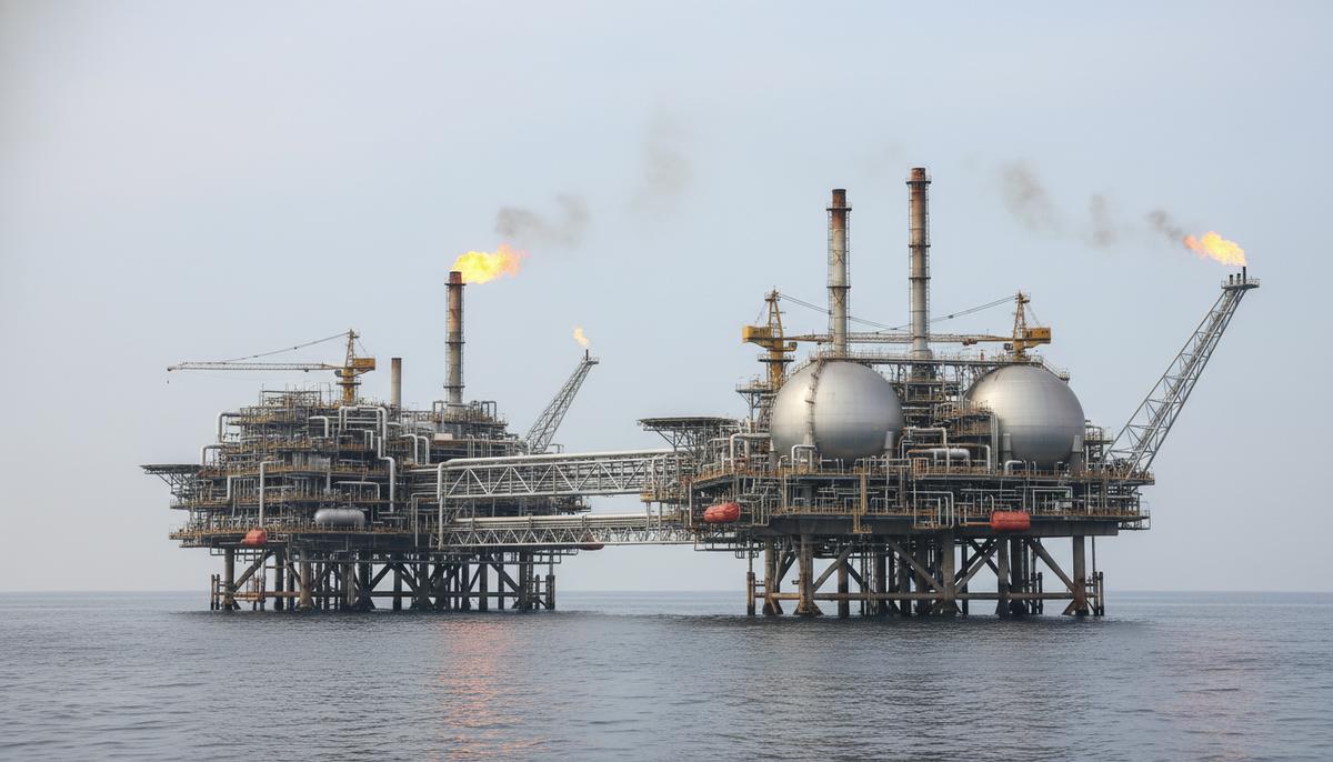 Морская платформа по добыче и сжижению природного газа в открытом море. Видны промышленные сооружения, трубы и резервуары.