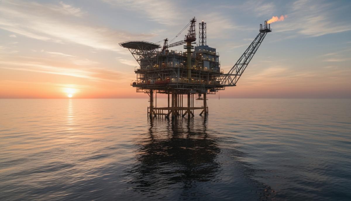 Морская газодобывающая платформа в открытом море на рассвете, огни комплекса отражаются в спокойной воде.