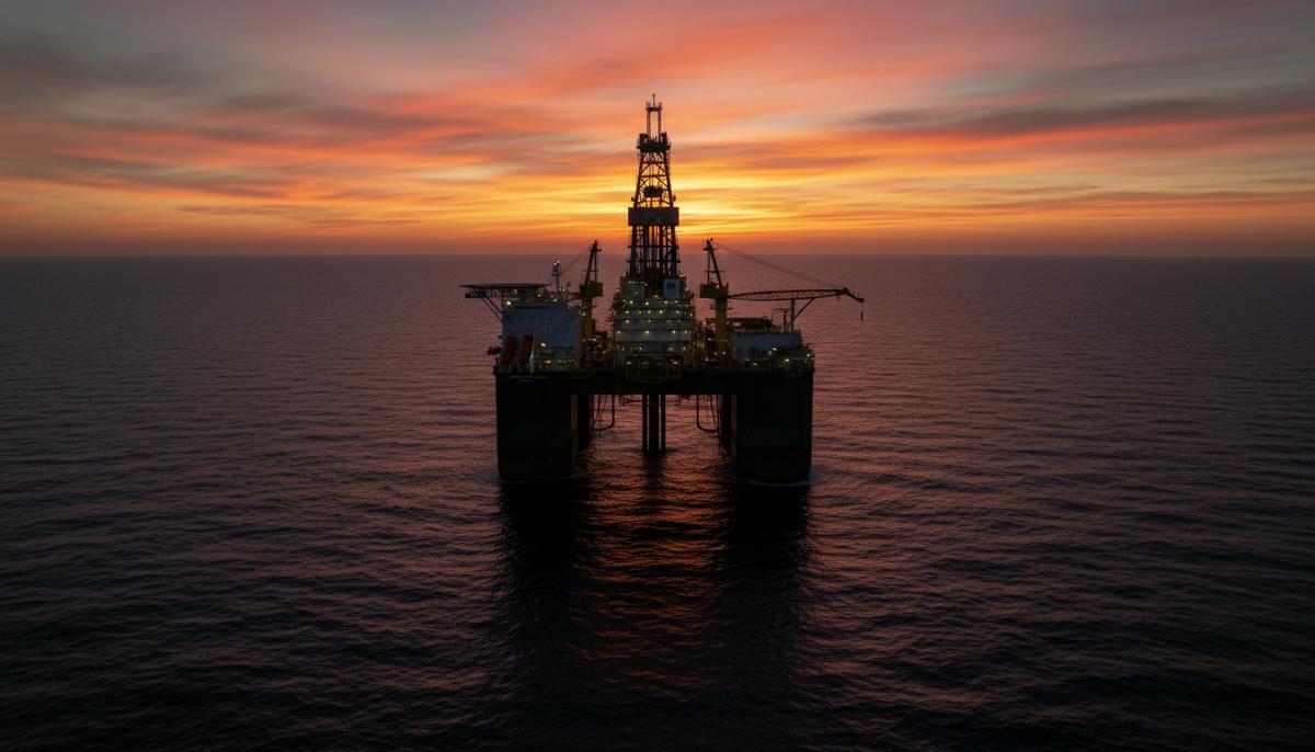 Морская буровая установка типа drill-ship в открытом океане на фоне заката. Глубоководная нефтегазовая платформа.