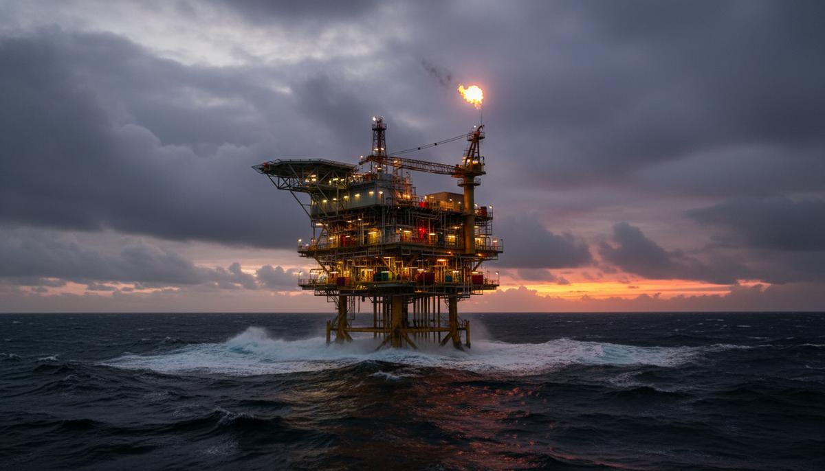 Морская нефтегазовая платформа с работающим газовым факелом в открытом море на фоне пасмурного неба.