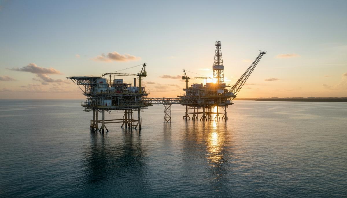 Морская нефтегазовая платформа в тропическом море у побережья Малайзии на рассвете. Видны буровые вышки и вертолетная площадка.