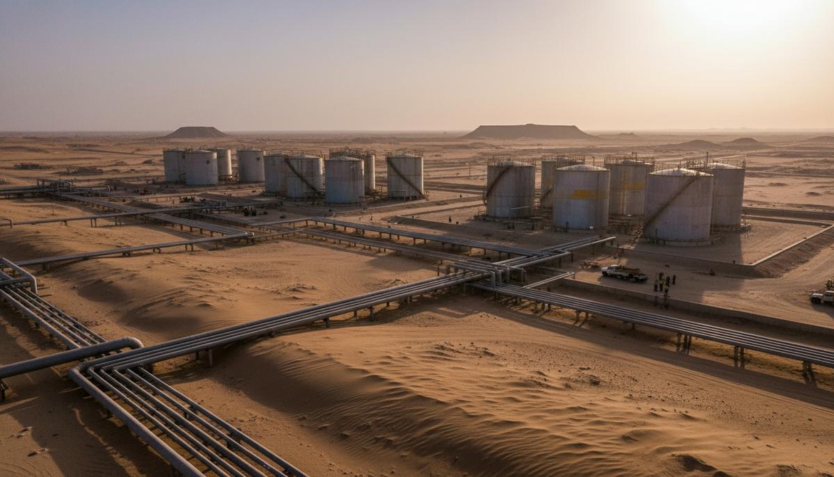 Промышленный комплекс по добыче нефти и газа с трубопроводами и резервуарами в пустыне на рассвете.