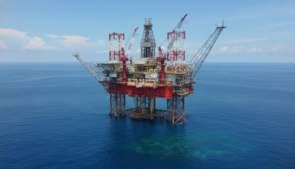 SLB займется бурением на газовом проекте Tangkulo в Индонезии Морская глубоководная платформа для добычи природного газа в Андаманском море на фоне ясного неба.