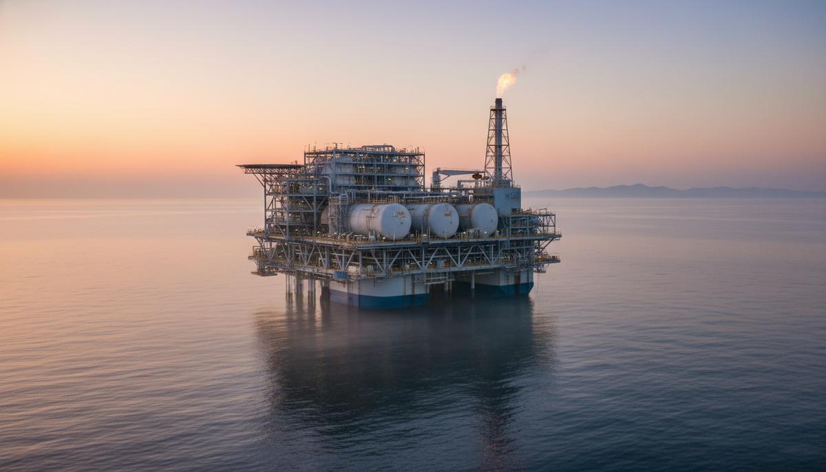 Плавучий завод по производству сжиженного природного газа (СПГ) в открытом море. Промышленная платформа с трубами и резервуарами на фоне рассвета.