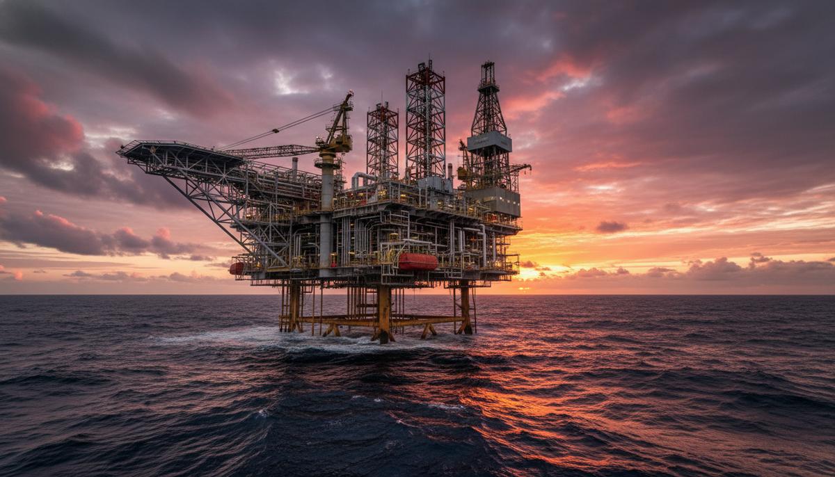 Морская нефтегазовая платформа в открытом море на фоне заката. Видны буровая вышка, сложная система труб и вертолетная площадка.