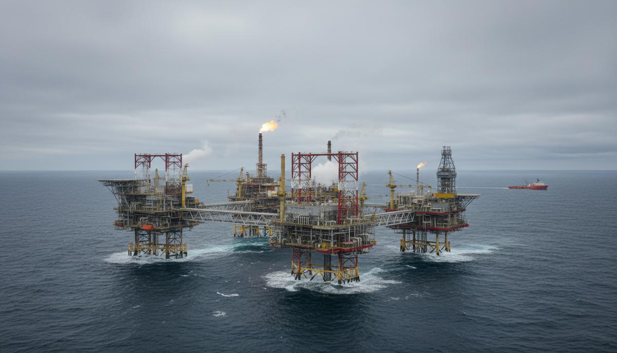 ConocoPhillips возобновляет добычу на месторождениях в Северном море Морская нефтегазодобывающая платформа в Северном море, окруженная неспокойными водами под пасмурным небом. В отдалении видно судно снабжения.