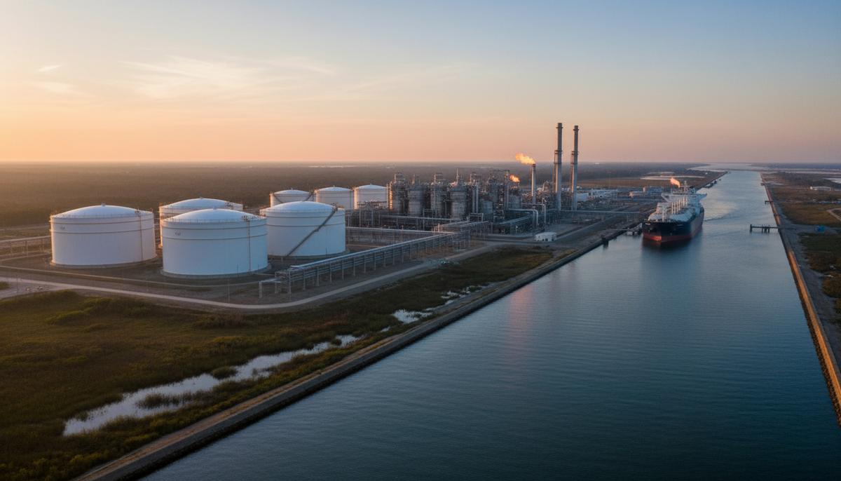 Современный терминал по сжижению природного газа (СПГ) с большими резервуарами для хранения на побережье Мексиканского залива в США.