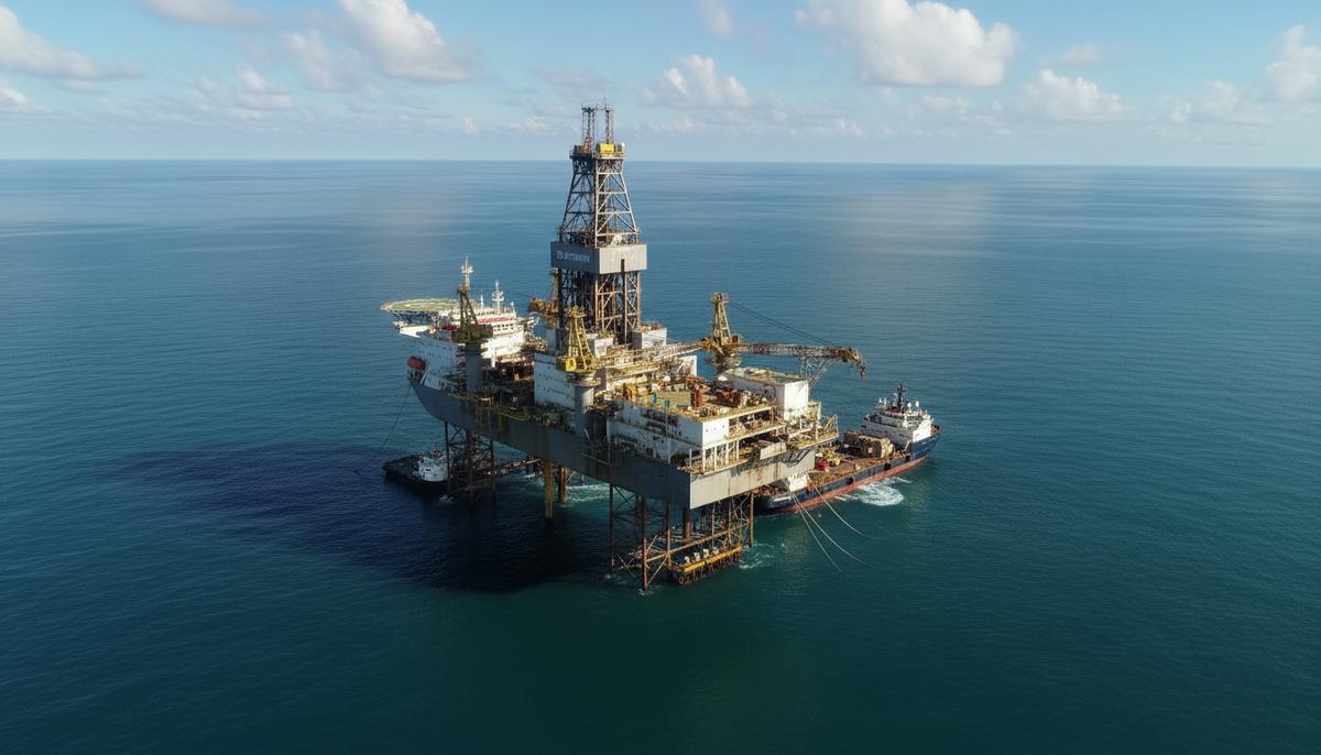 В Анголе открыто новое нефтяное месторождение объемом 500 млн баррелей Буровое судно «Saipem 12000» в открытом океане у побережья Анголы, вид с воздуха на нефтегазовую платформу.