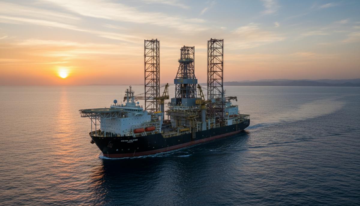 Современное морское буровое судно для разведки нефти и газа в открытом море на фоне заката. На горизонте виден далекий берег.