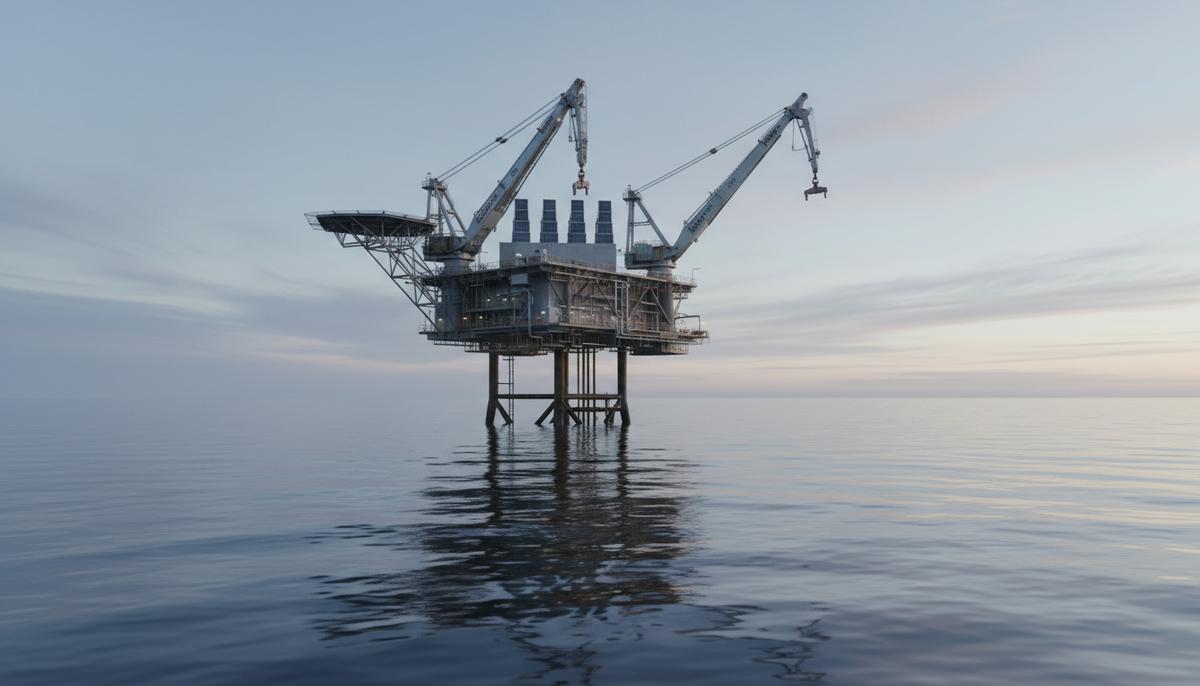 Aker BP и Aker Solutions заключили контракт на 12 млрд крон в Норвегии Современная морская нефтегазовая платформа в Северном море. Автоматизированное оборудование на фоне спокойного моря и неба.