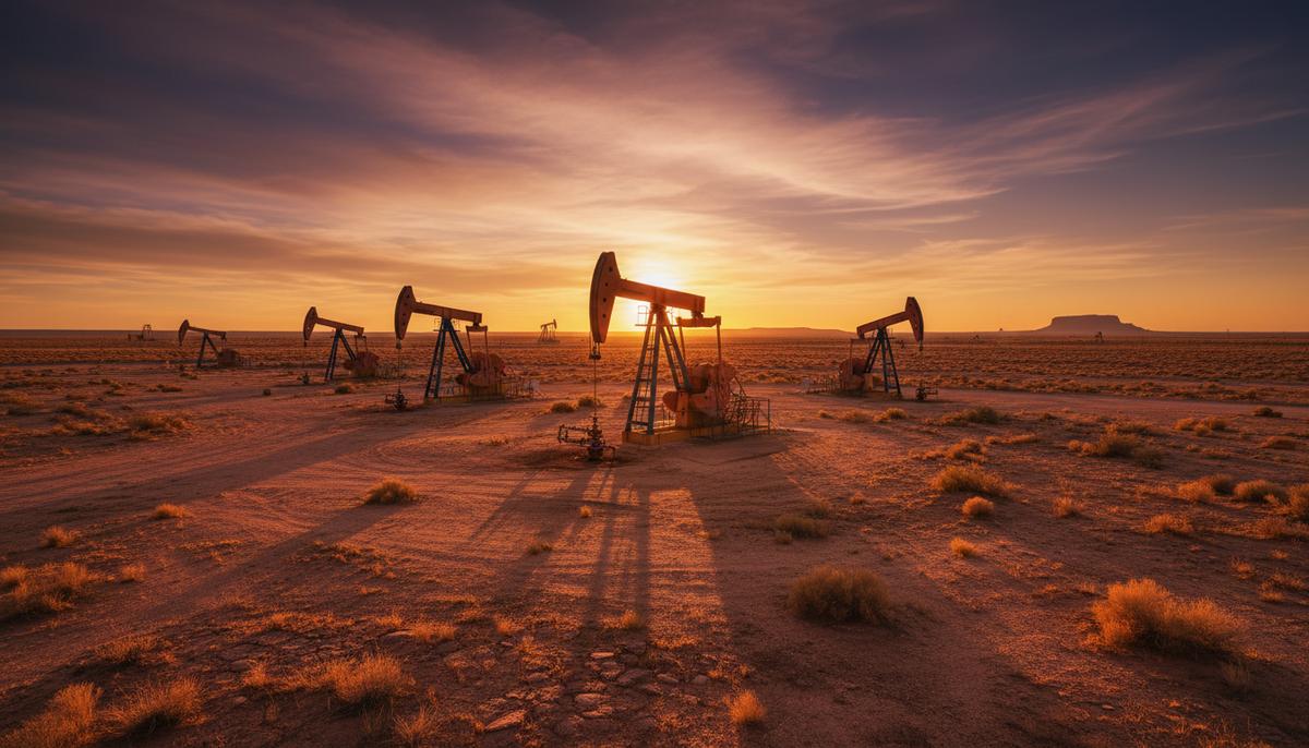 Нефтяные насосы-качалки в пустынном пейзаже Пермского бассейна на закате. Промышленный ландшафт с оборудованием для добычи нефти.