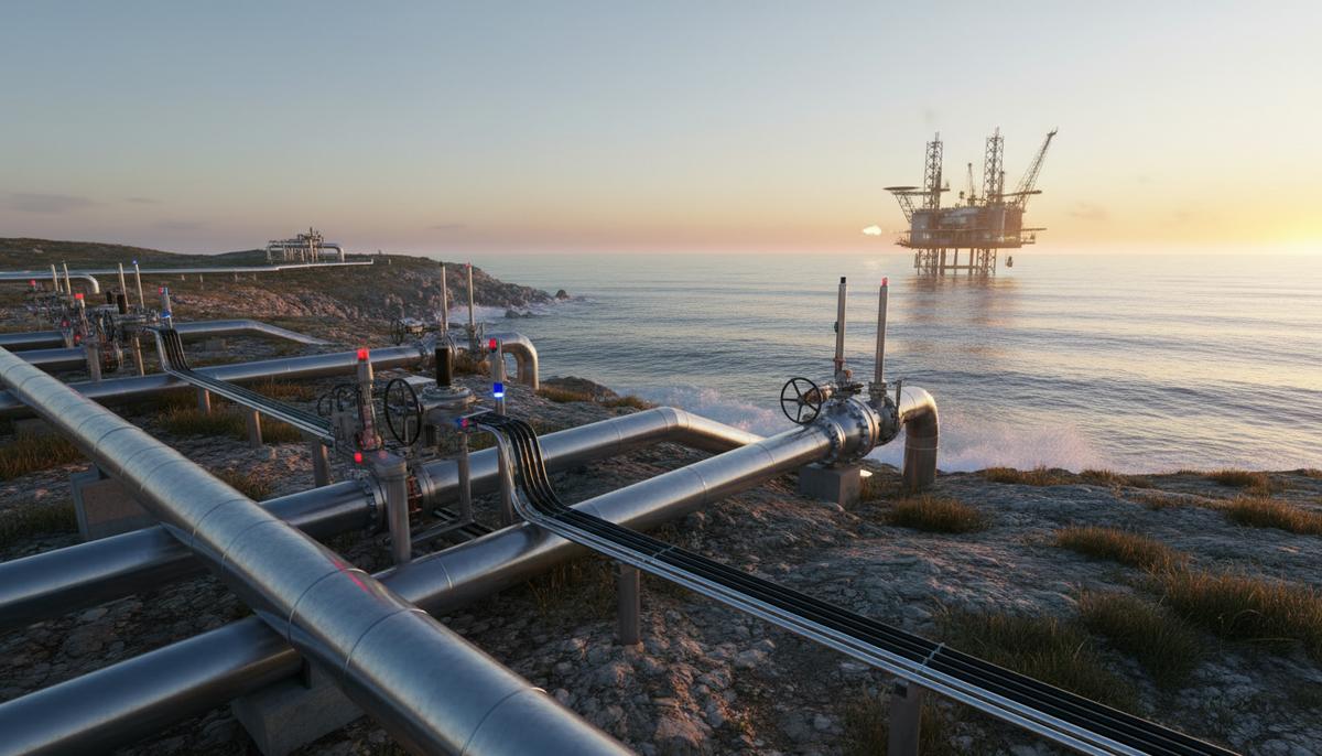 Emerson цифровизирует газовую сеть Испании для повышения безопасности Современный газопровод с датчиками, проходящий по прибрежному ландшафту, на фоне моря с морской газовой платформой.