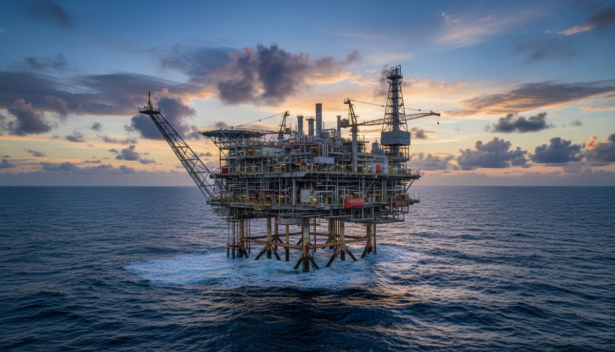 Морская нефтегазовая платформа для добычи углеводородов в открытом океане, вид на палубу со сложным технологическим оборудованием.