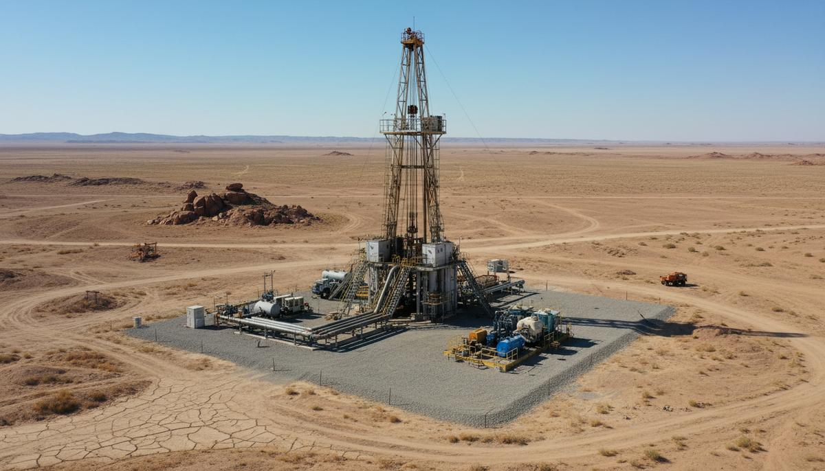 Газовая буровая установка на промышленной площадке в пустынной, засушливой местности. Вид на буровую вышку и сопутствующее оборудование.