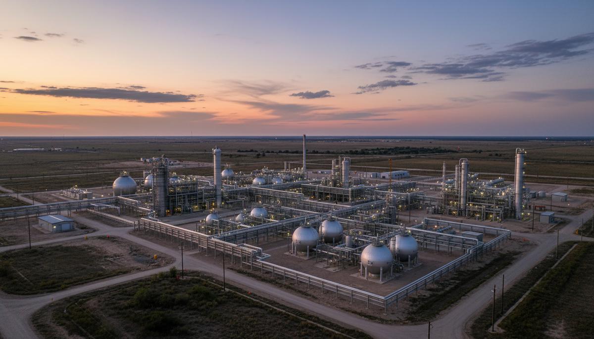 Brazos Midstream ввела в строй новый газоперерабатывающий завод в Техасе Промышленный комплекс газоперерабатывающего завода с башнями и трубопроводами в техасской равнинной местности на закате.