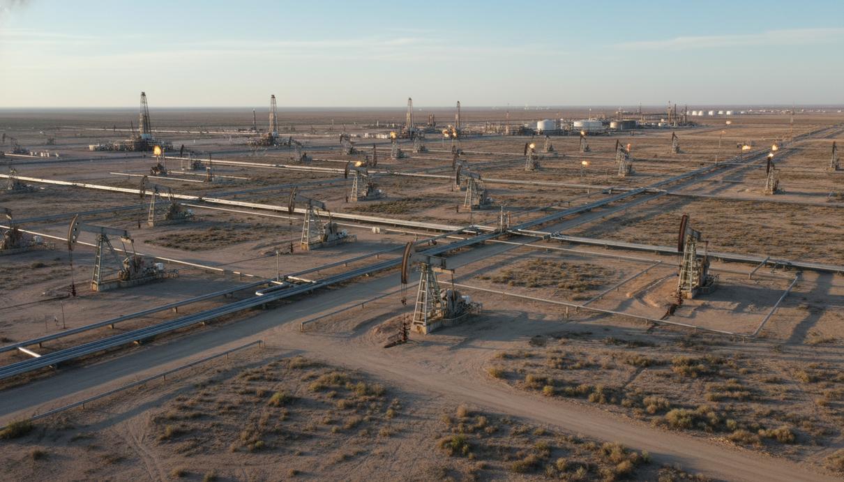 Общий вид нефтегазовых месторождений Пермского бассейна: на фоне пустынного ландшафта нефтяные вышки, насосы-качалки и трубопроводы.