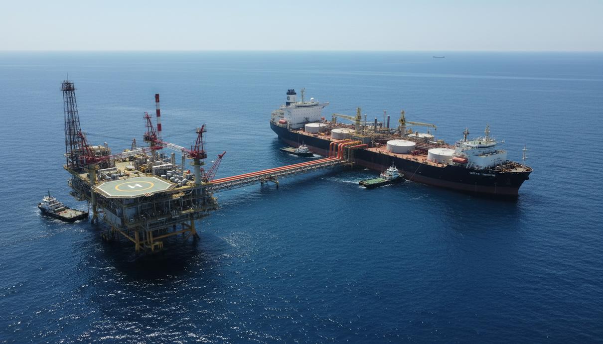 Морская нефтедобывающая платформа и крупное судно FPSO в открытом океане при дневном свете, с промышленными элементами и спокойной водной гладью.