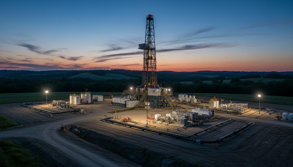 Буровая установка для добычи природного газа на сланцевом месторождении в сельской местности восточного Огайо. Видны трубы и промышленное оборудование.