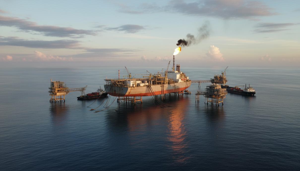 Большая морская нефтегазовая платформа с судном FPSO и трубопроводами в открытом море под ясным небом.