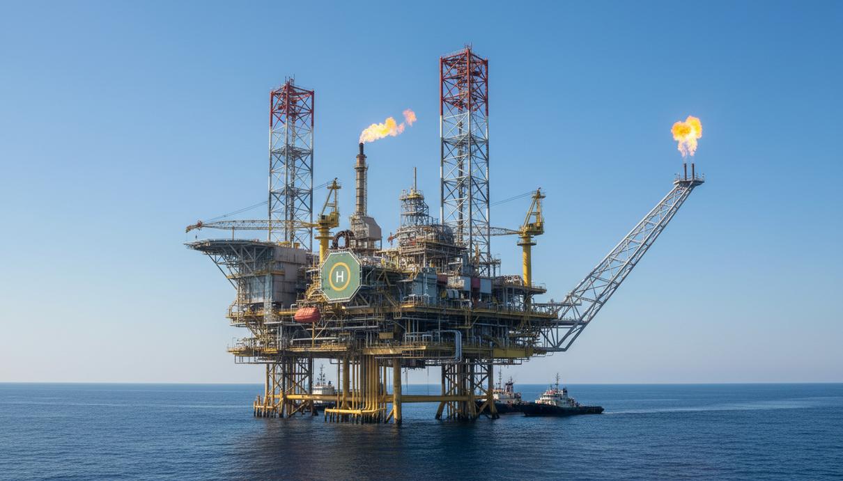 Масштабная морская нефтегазовая платформа в океане с вышками, трубами и вертолетной площадкой.