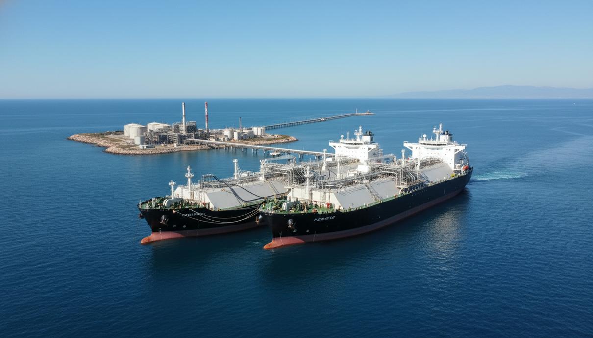 Плавучая установка для хранения и регазификации СПГ в море, у которой стоит танкер-газовоз. На фоне береговой терминал СПГ.