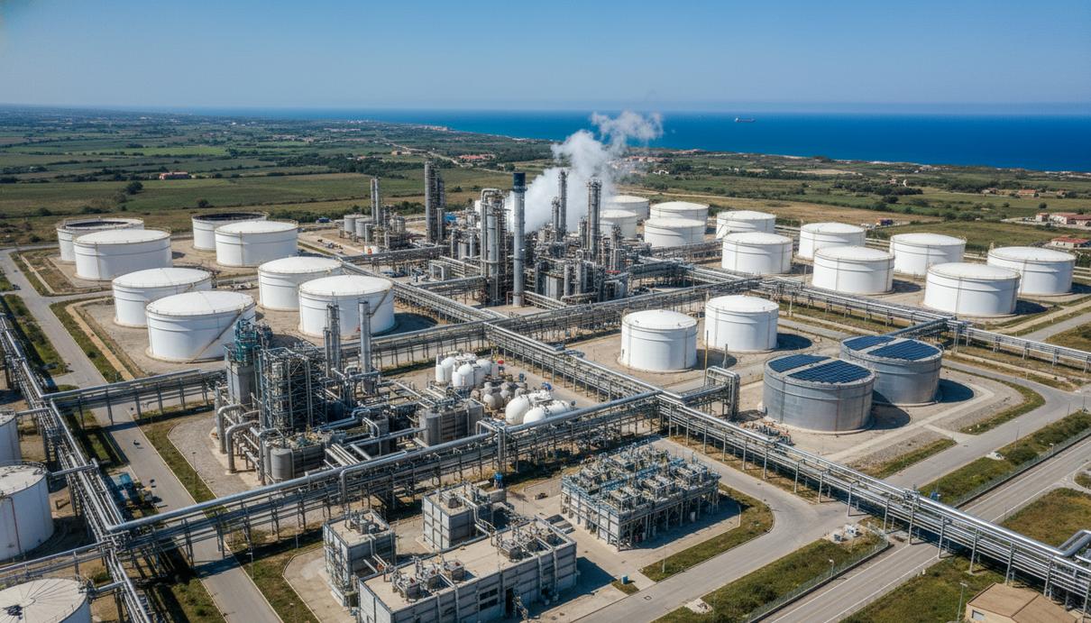 Вид с высоты на крупный промышленный комплекс биоперерабатывающего завода в Италии с множеством резервуаров и трубопроводов.