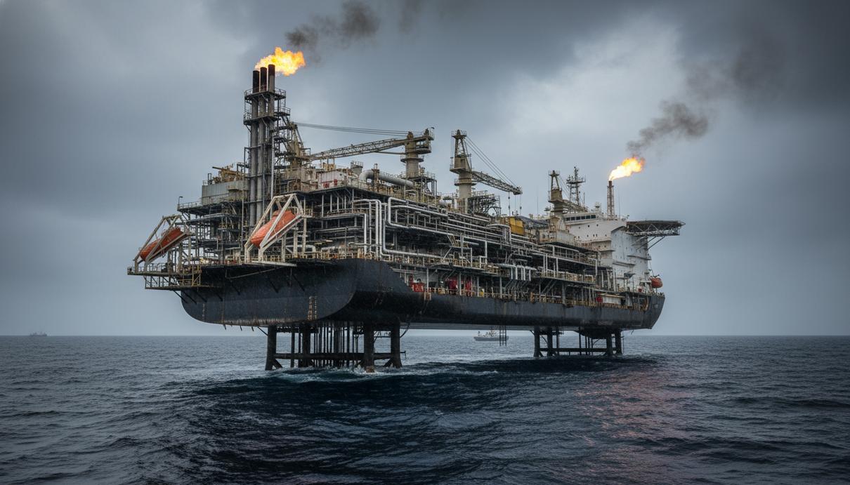 Плавучая установка для добычи, хранения и отгрузки (FPSO) в открытом море. Вид на сложную инфраструктуру для нефтегазодобычи.