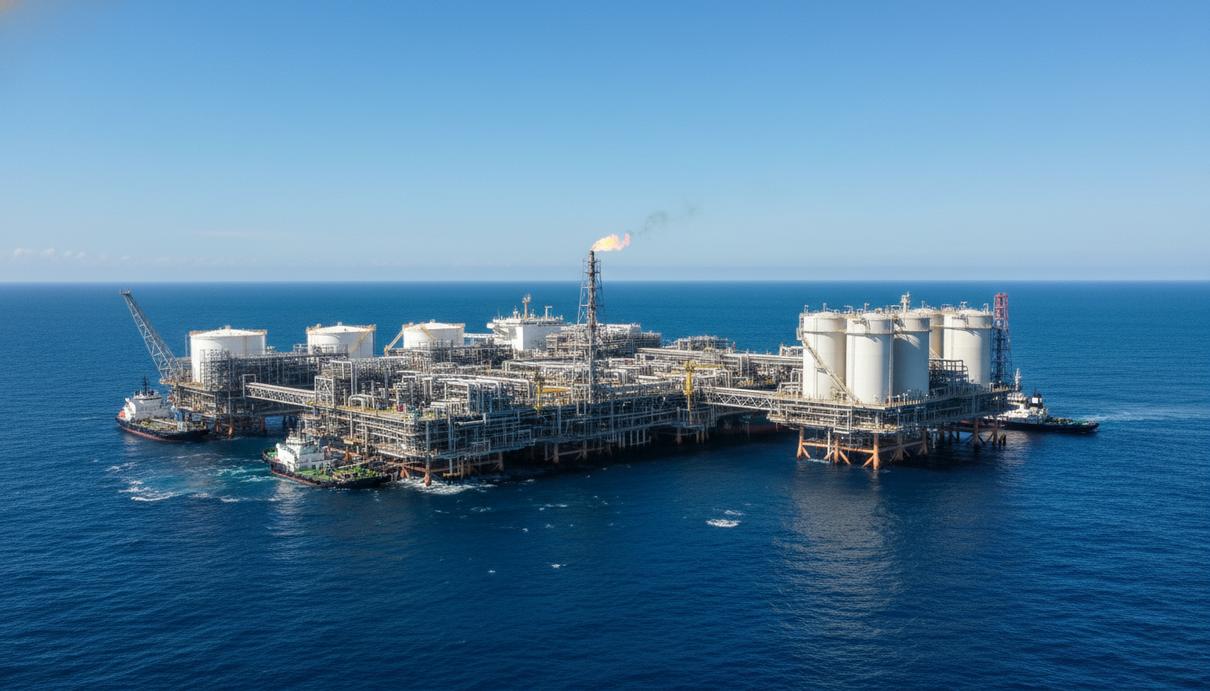 Плавающая установка для сжижения газа (FLNG) в открытом море. Масштабная морская промышленная конструкция с трубопроводами и резервуарами.