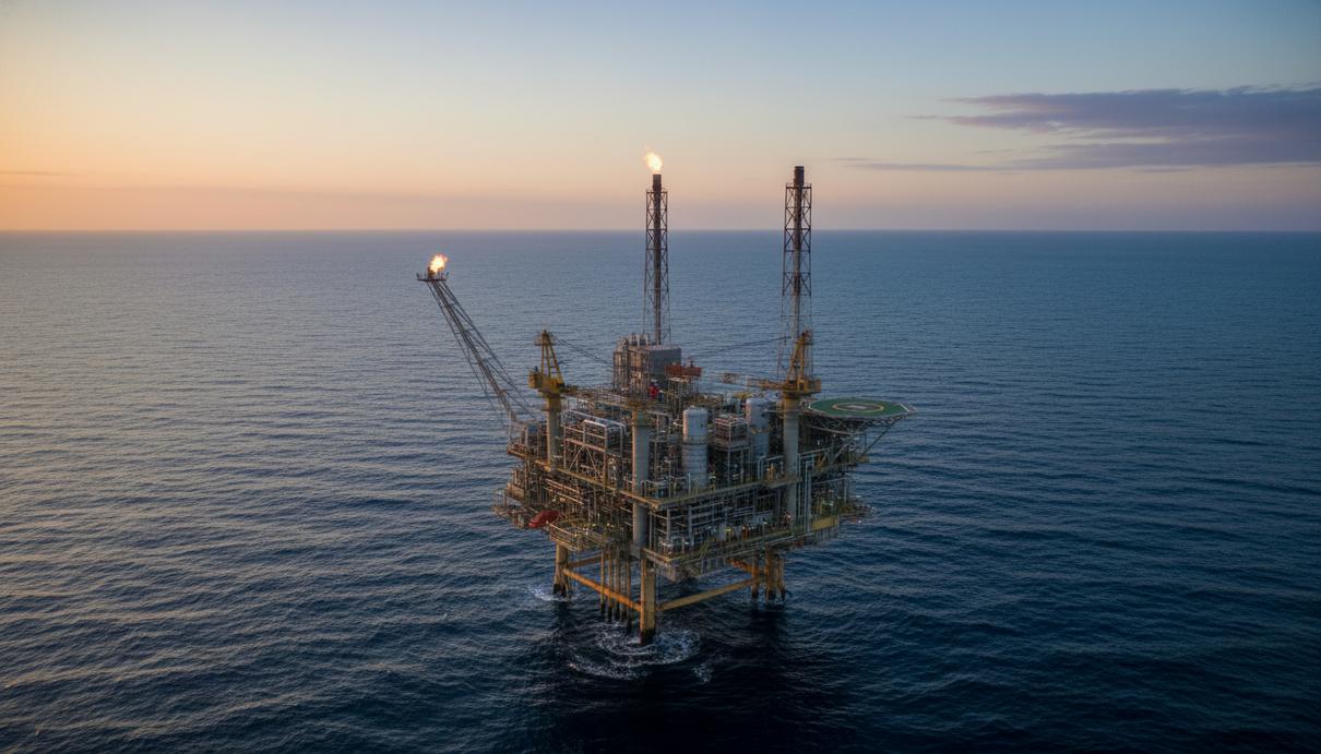 Морская платформа для добычи природного газа в Средиземном море, окруженная водной поверхностью. Видны модули и инфраструктура.