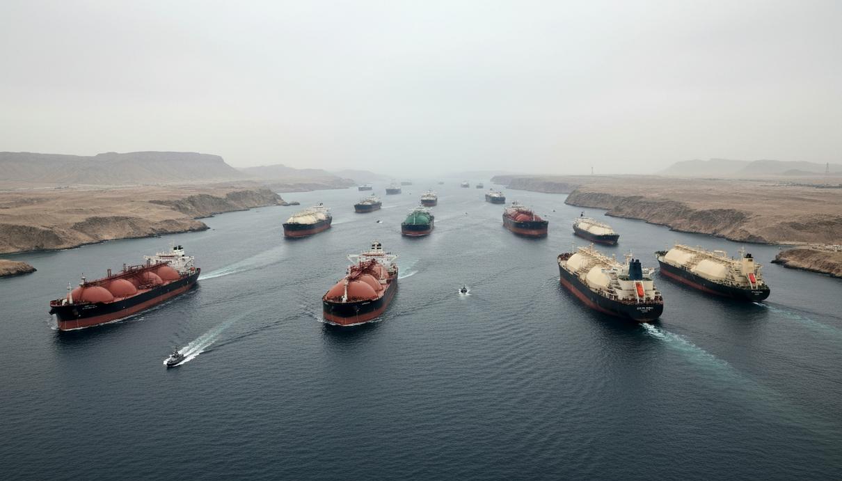 Морской пролив с многочисленными крупными танкерами и газовозами, некоторые из них стоят на якоре. На горизонте виднеется береговая линия.