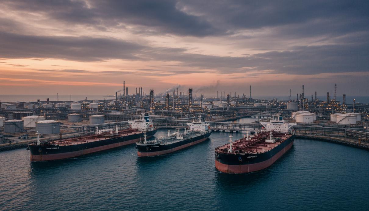 Прибрежный нефтеперерабатывающий завод на закате с резервуарами и башнями. Крупные нефтяные танкеры вблизи узкого пролива.