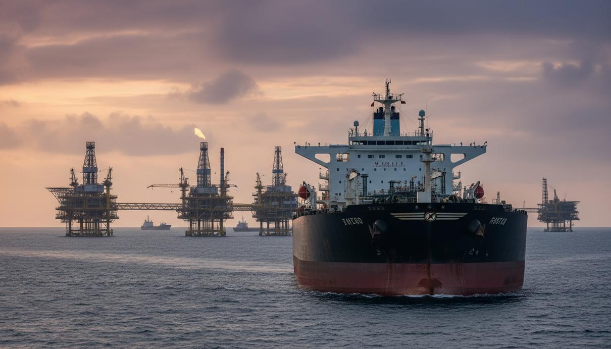 Большой нефтяной танкер проходит через узкий пролив, на горизонте видны морские нефтегазовые платформы.