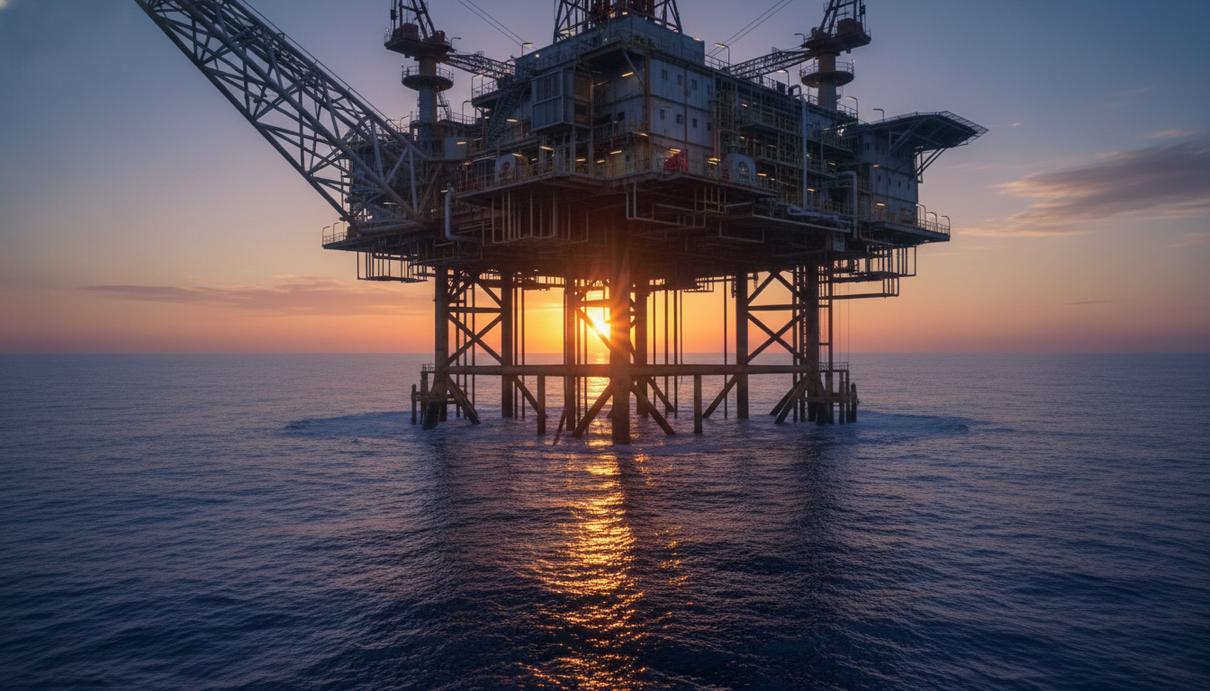 Массивная морская нефтедобывающая платформа на рассвете в открытом океане. Видны сложные конструкции, трубы и буровые установки.