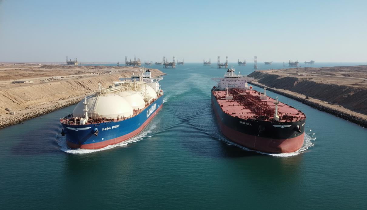 Гигантский танкер для перевозки СПГ и нефтяной супертанкер проплывают по узкому морскому проливу. На дальнем плане видны силуэты морских нефтегазовых платформ.