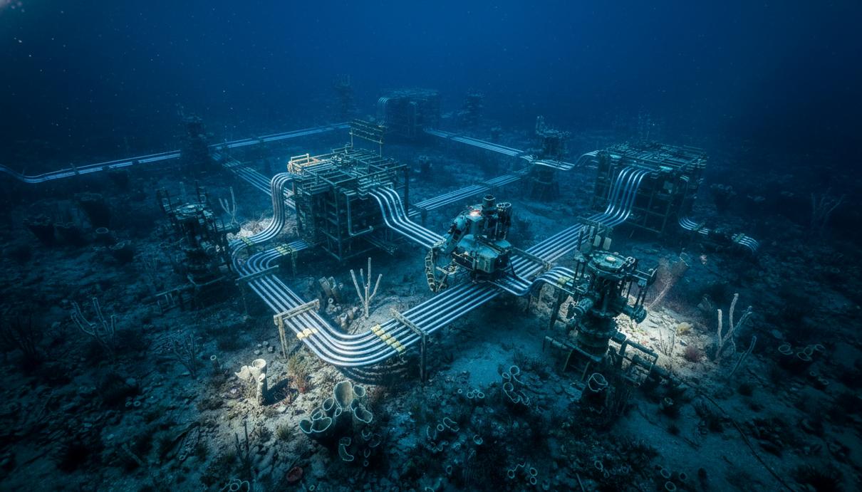 Подводные трубопроводы, умбиликалы и райзеры газодобывающей платформы на дне Черного моря, инфраструктура для глубоководной добычи углеводородов.