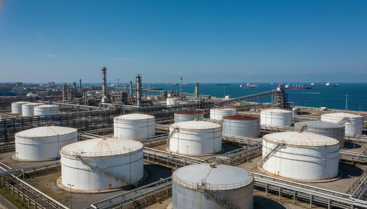 Панорамный вид на нефтеперерабатывающий завод или крупное нефтехранилище на побережье с многочисленными резервуарами и промышленными сооружениями.