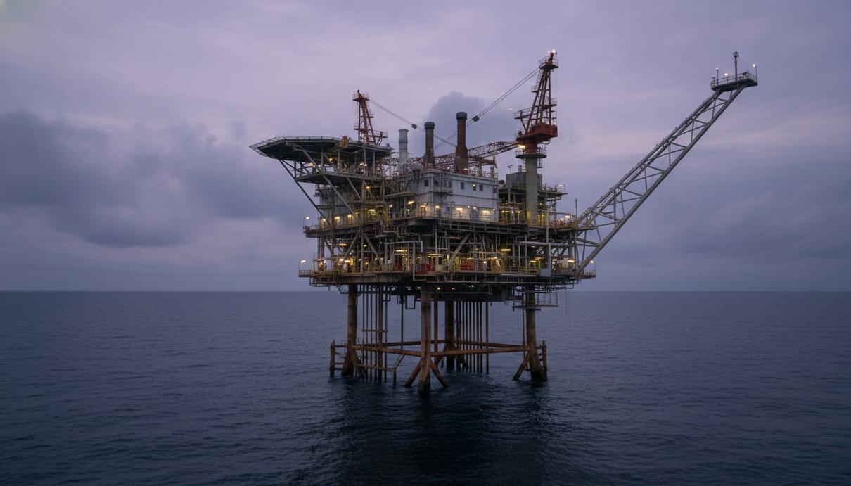 Морская газодобывающая платформа на закате или рассвете, с минимальным освещением, в спокойной, но серьезной атмосфере.