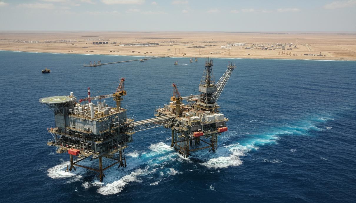 Морская газодобывающая платформа в открытом море и наземное нефтегазовое месторождение с оборудованием для сейсморазведки на горизонте.