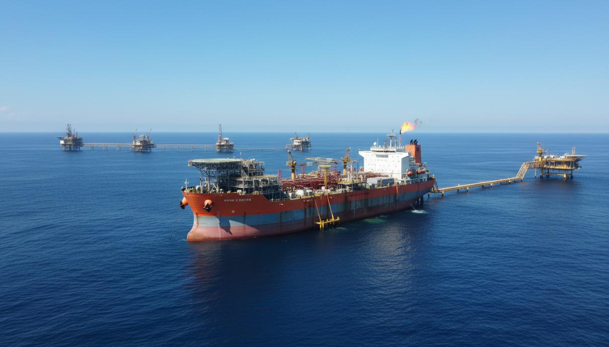 Крупное плавучее нефтегазовое хранилище (FPSO) в открытом море, окруженное морскими добывающими платформами. Промышленный пейзаж морской нефтедобычи.