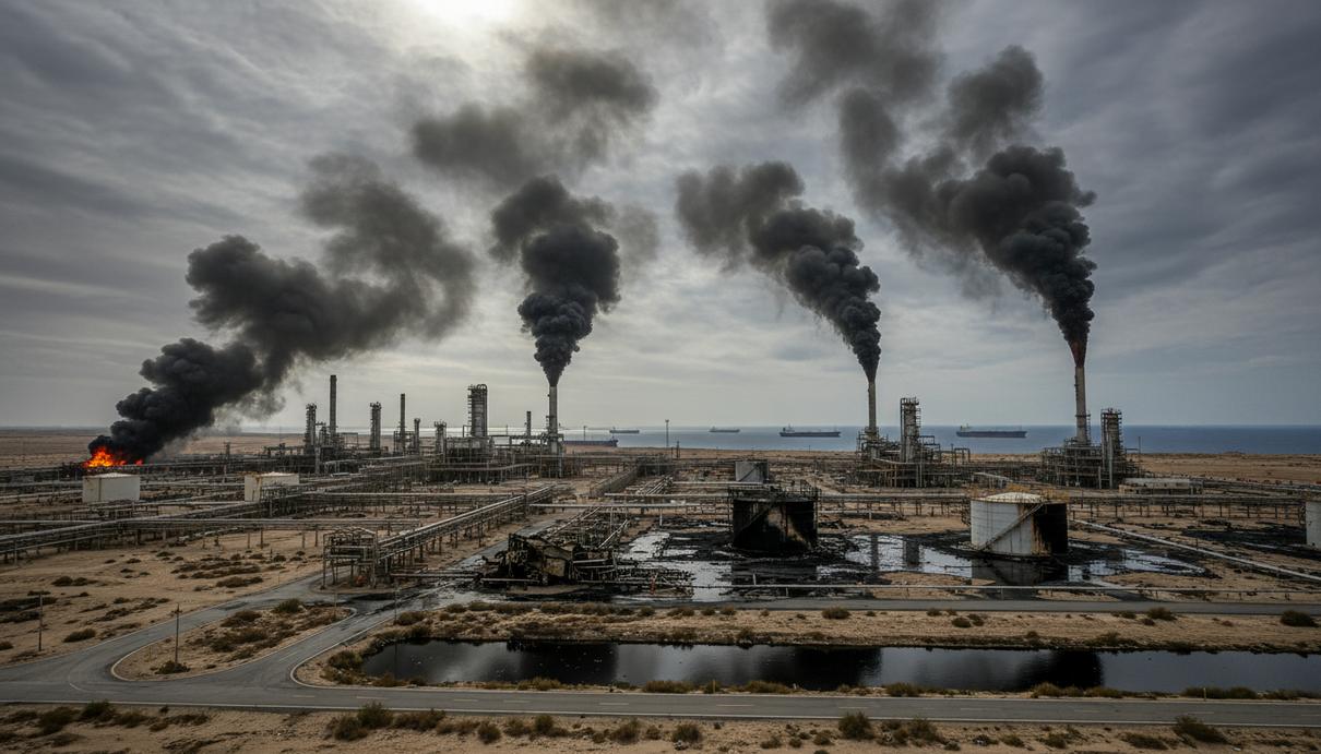 Вид разрушенного нефтяного хранилища с дымом над пустынным пейзажем. Нефть разлилась по дороге. Вдали видны танкеры в проливе.