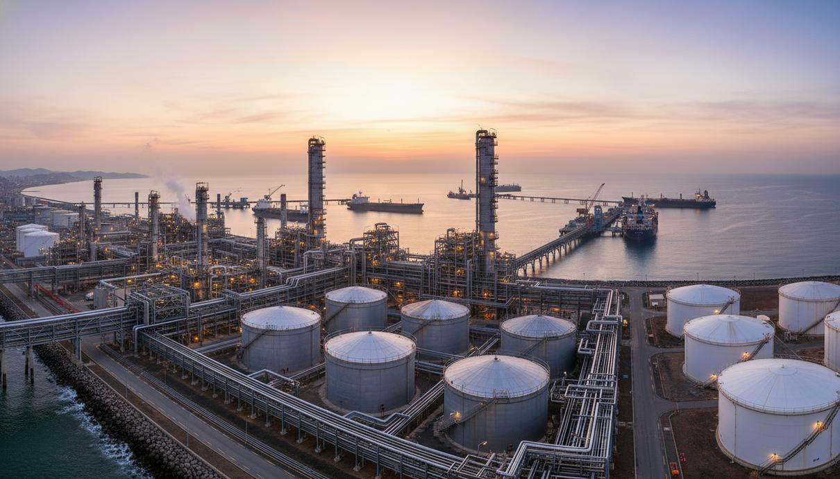 Крупный прибрежный нефтехимический комплекс на рассвете с трубопроводами, колоннами, резервуарами, портом для судов и морем на заднем плане.