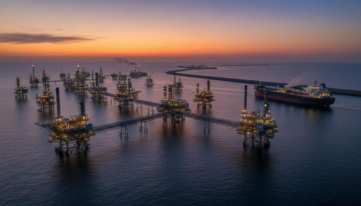 Панорама морского нефтеперерабатывающего комплекса с платформами и трубопроводами. На заднем плане нефтяной танкер, стоящий на якоре в узком проливе.