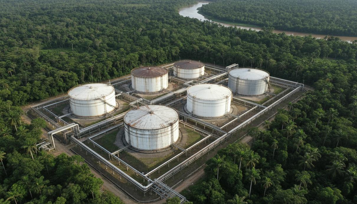 Промышленная площадка по добыче нефти с резервуарами и сетью трубопроводов среди тропической зелени