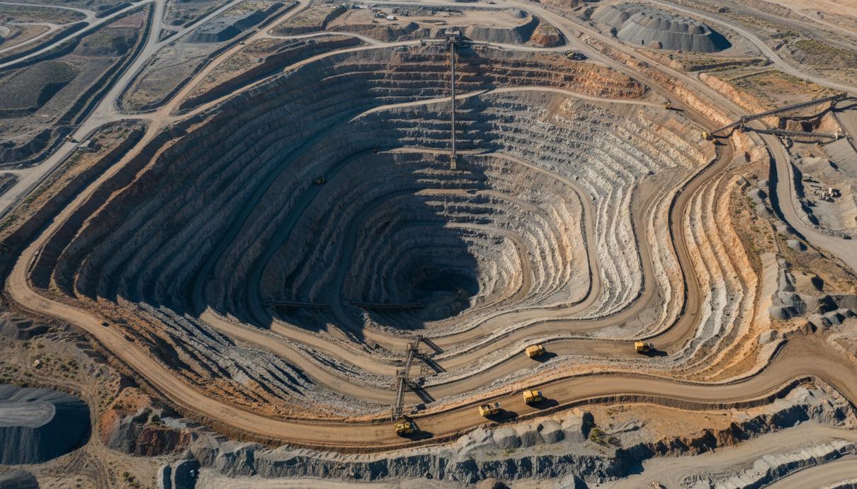Вид сверху на глубокий карьер горнорудного предприятия с террасами и промышленной техникой.